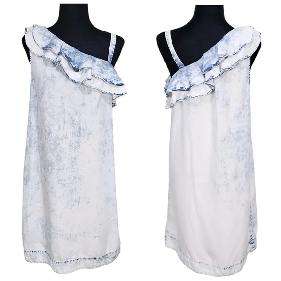 Holding Horses Womens Acid Wash Dress S Chambray Ruffle One Shoulder Boho Vaca - Picture 15 of 15